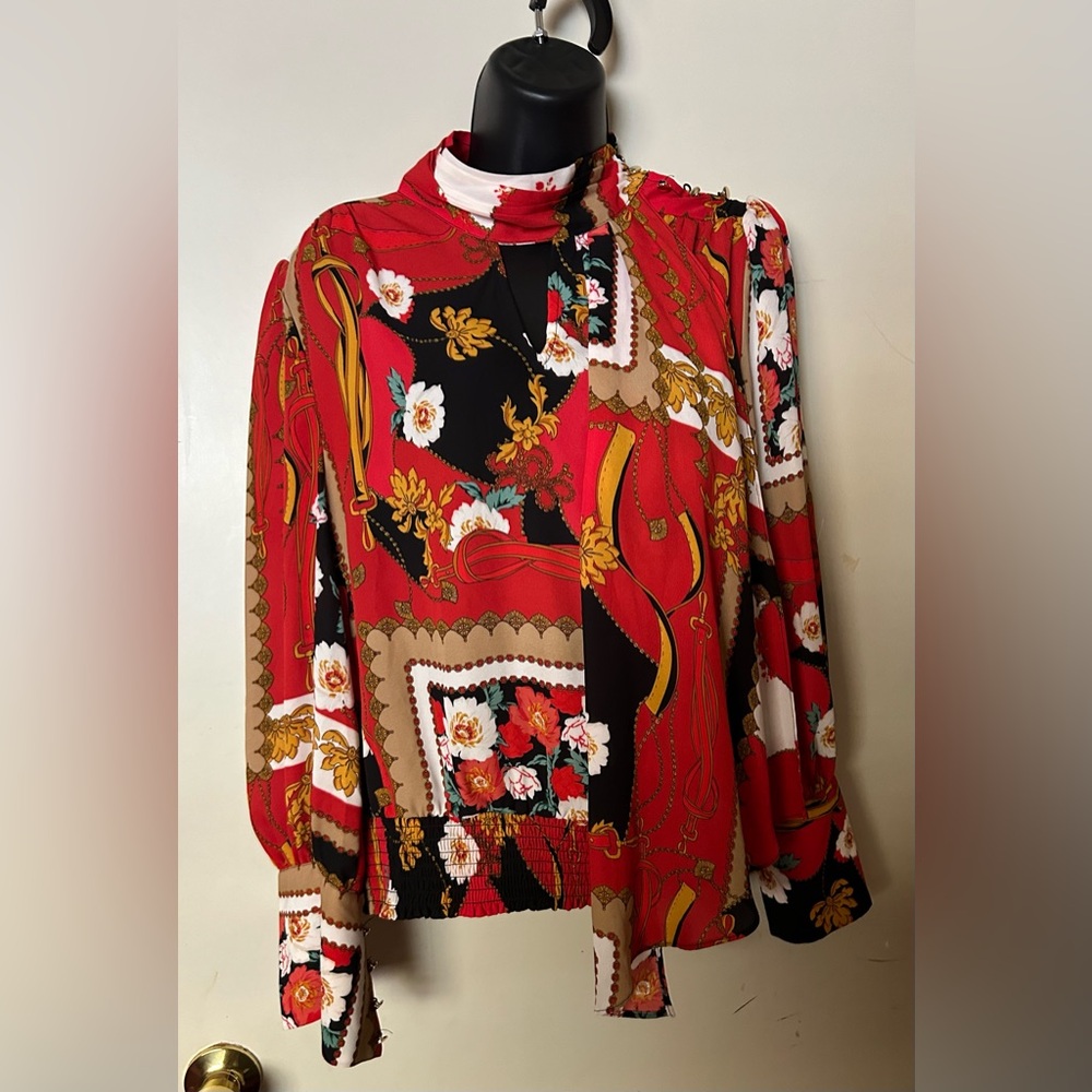 Rust Floral Tie Neck Blouse